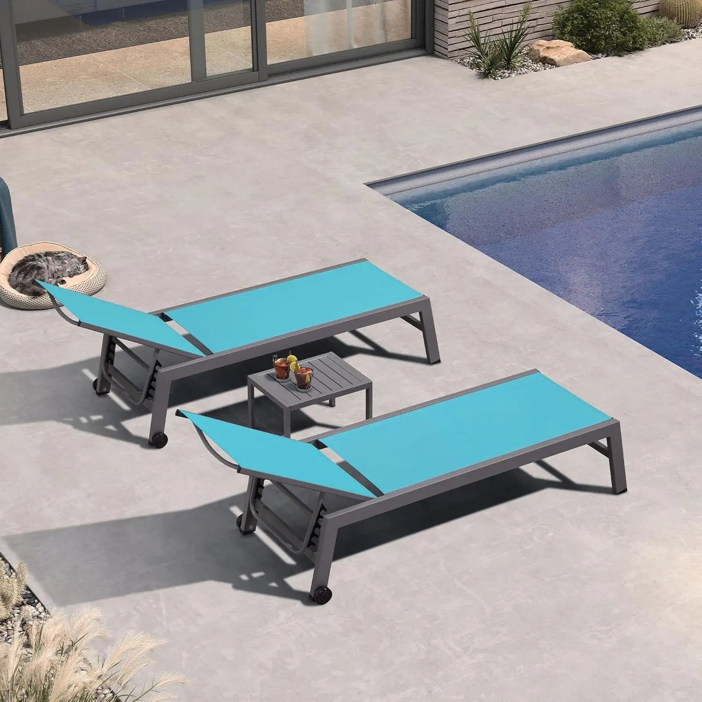Aluminum Adjustable Reclining Outdoor Lounge Chair Set 2 PCS with Wheels Table Patio Poolside Beach Yard, Light Grey, Custom