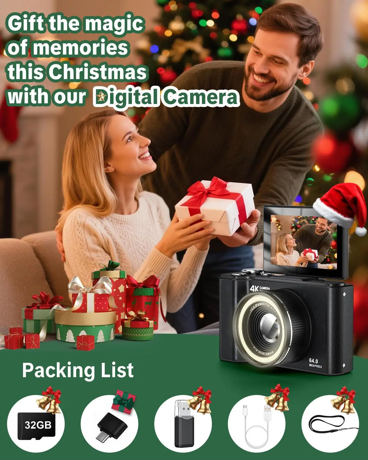 4K Digital Camera for Photography,4k Camera with Ring Light，180° Flip Screen Camera for Vlogging with Beauty Mode,Point and Shoot Digital Cameras for Beginner with SD Card，christmas gift