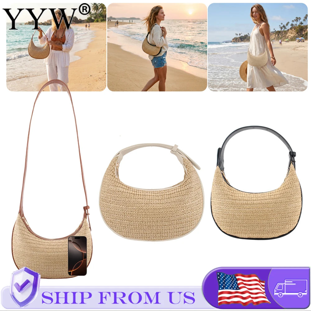 Causal Straw Woven Top-Handle Bags For Women Summer Holiday Beach Wrapped Handbags Ladies Handheld Crossbody Bags Totes Hobos Half Moon Bags