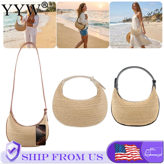 Causal Straw Woven Top-Handle Bags For Women Summer Holiday Beach Wrapped Handbags Ladies Handheld Crossbody Bags Totes Hobos Half Moon Bags
