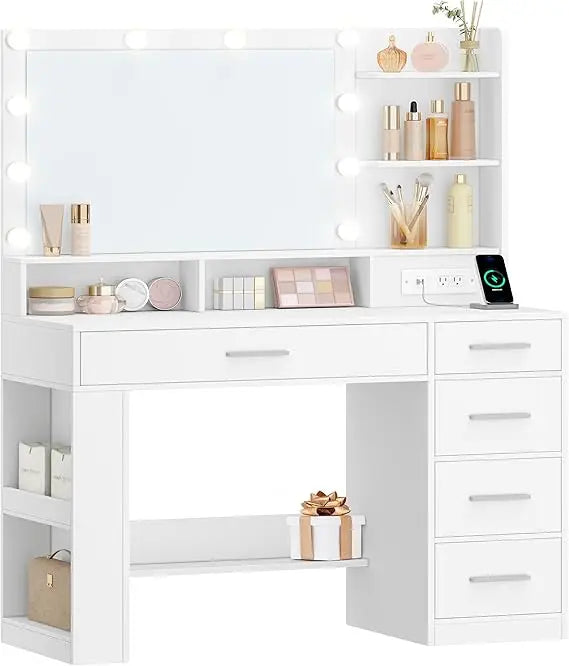 Vanity Desk With Large Mirror And LED Lights 5 Drawers
