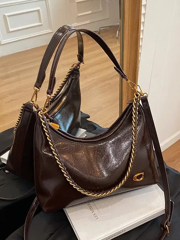 Free shipping designer bag 2026 Summer Women's French Waxed Leather Bucket Bag, Large Capacity Underarm Shoulder Crossbody Purse