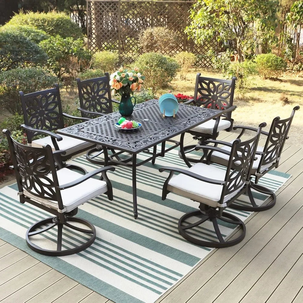 Rectangular Cast Aluminum Outdoor Dining Table For Six With Umbrella Hole