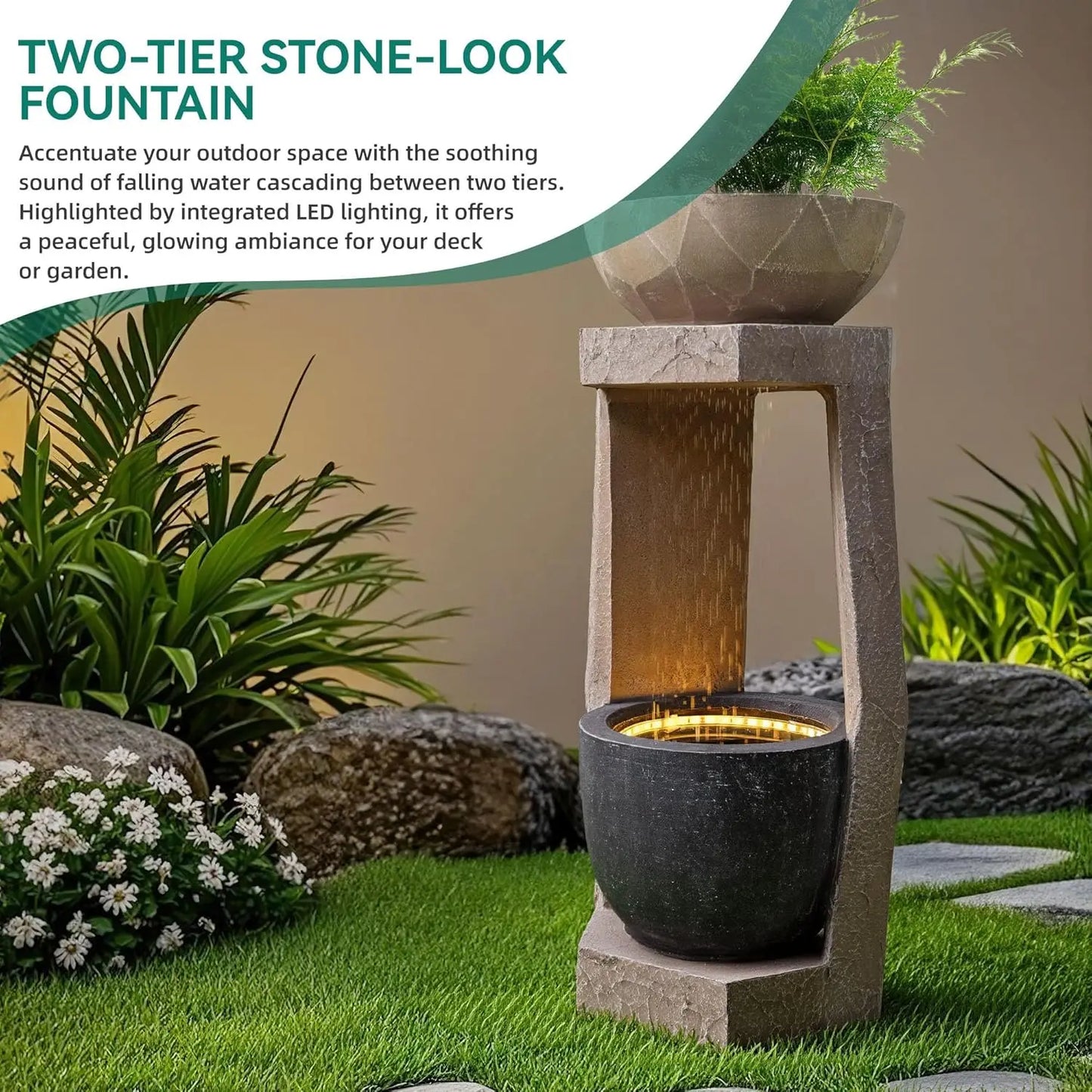 Outdoor Geometric Two-Bowl Resin Fountain With LEDs