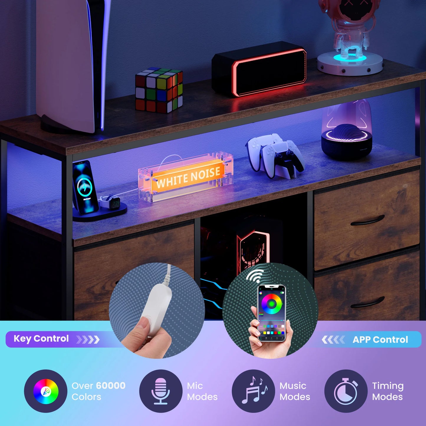 JHK TV Stand With Four Drawers LED Lights And Outlets