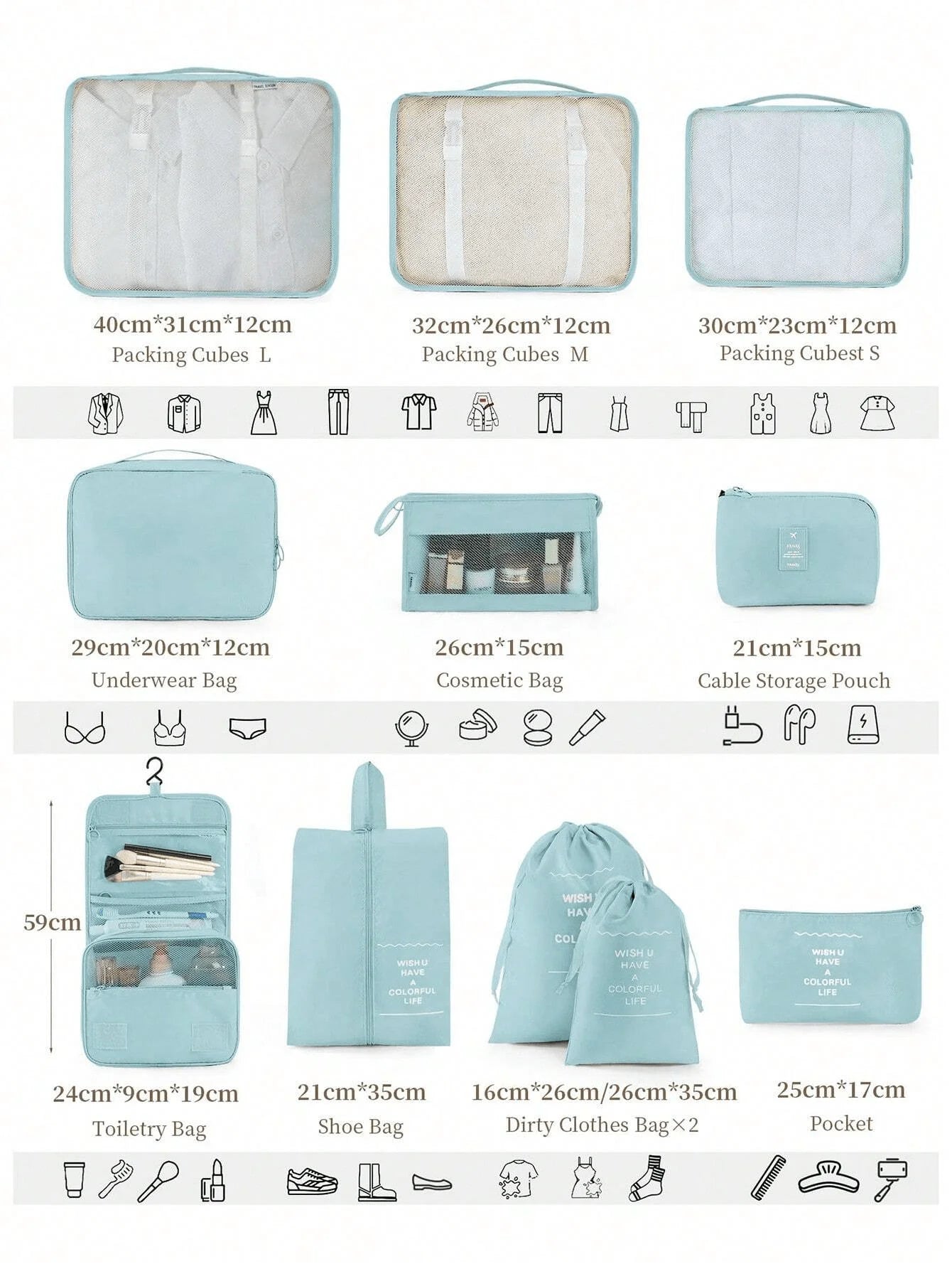 11 Piece Travel Packing Cubes Set, Luggage Organizer with Toiletry Makeup Bags, Shoe Underwear Clothing Storage Bags for Suitcase