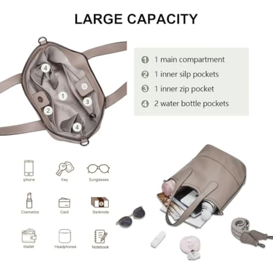 Tote Bag for Women, StrawandVegan Leather Bucket Bags Crossbody Top Handle Purses And Handbags For Work Travel Beach