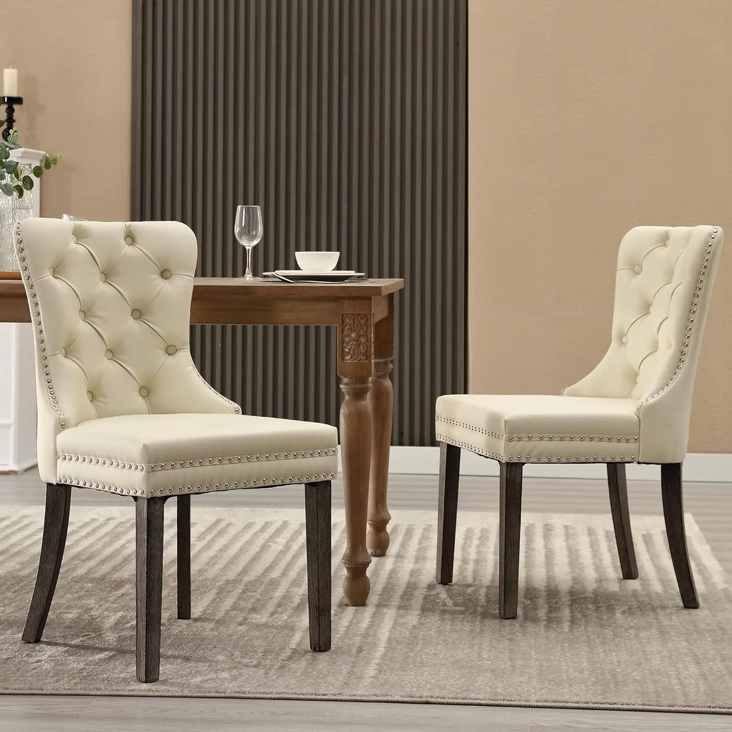 PU Leather Dining Chairs Set of 6 With Solid Wood Legs and Pull Ring