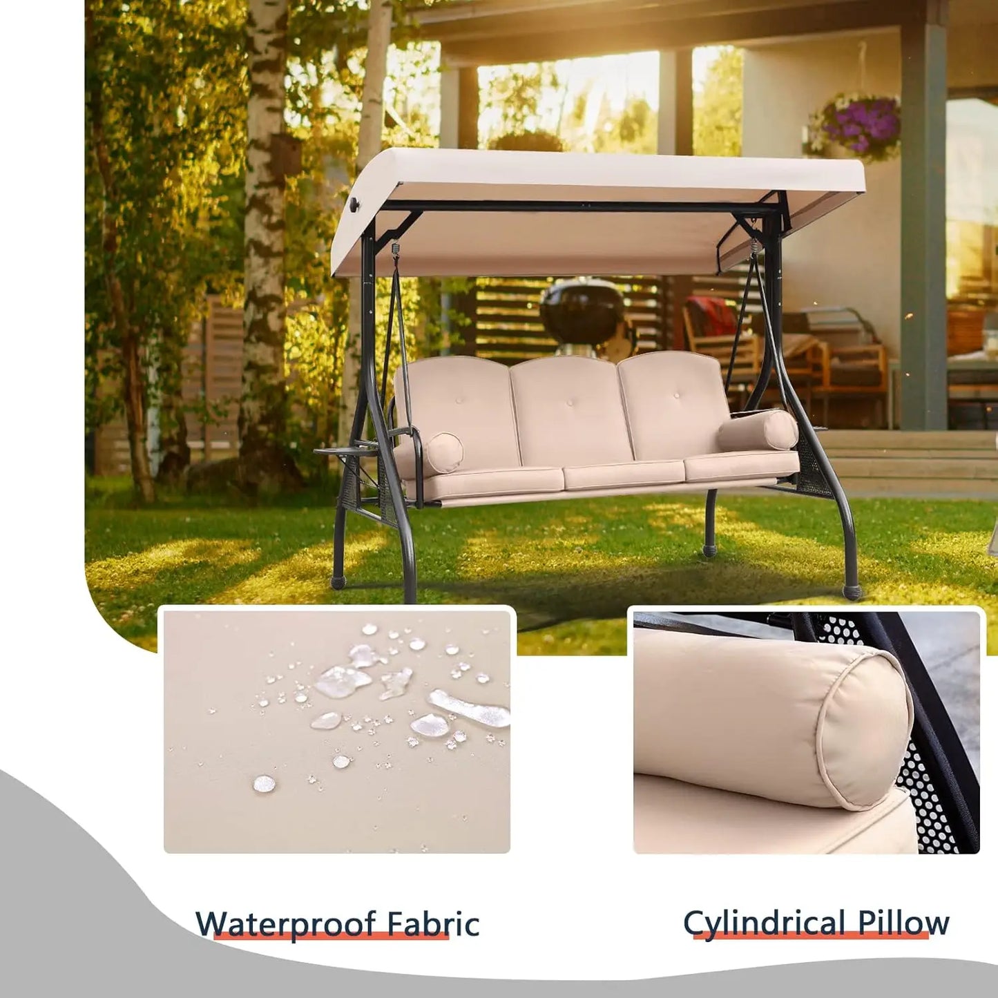General Three Seat Patio Swing With Adjustable Canopy Waterproof Cushions