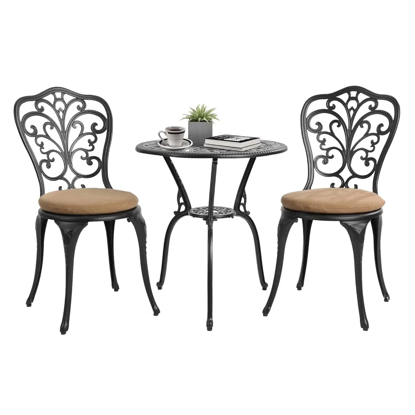 3pc Cast Aluminum Bistro Set, Rose Pattern Outdoor Garden Balcony, Rust & All-Weather Resistant, White, Customized