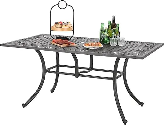Rectangular Cast Aluminum Outdoor Dining Table For Six With Umbrella Hole