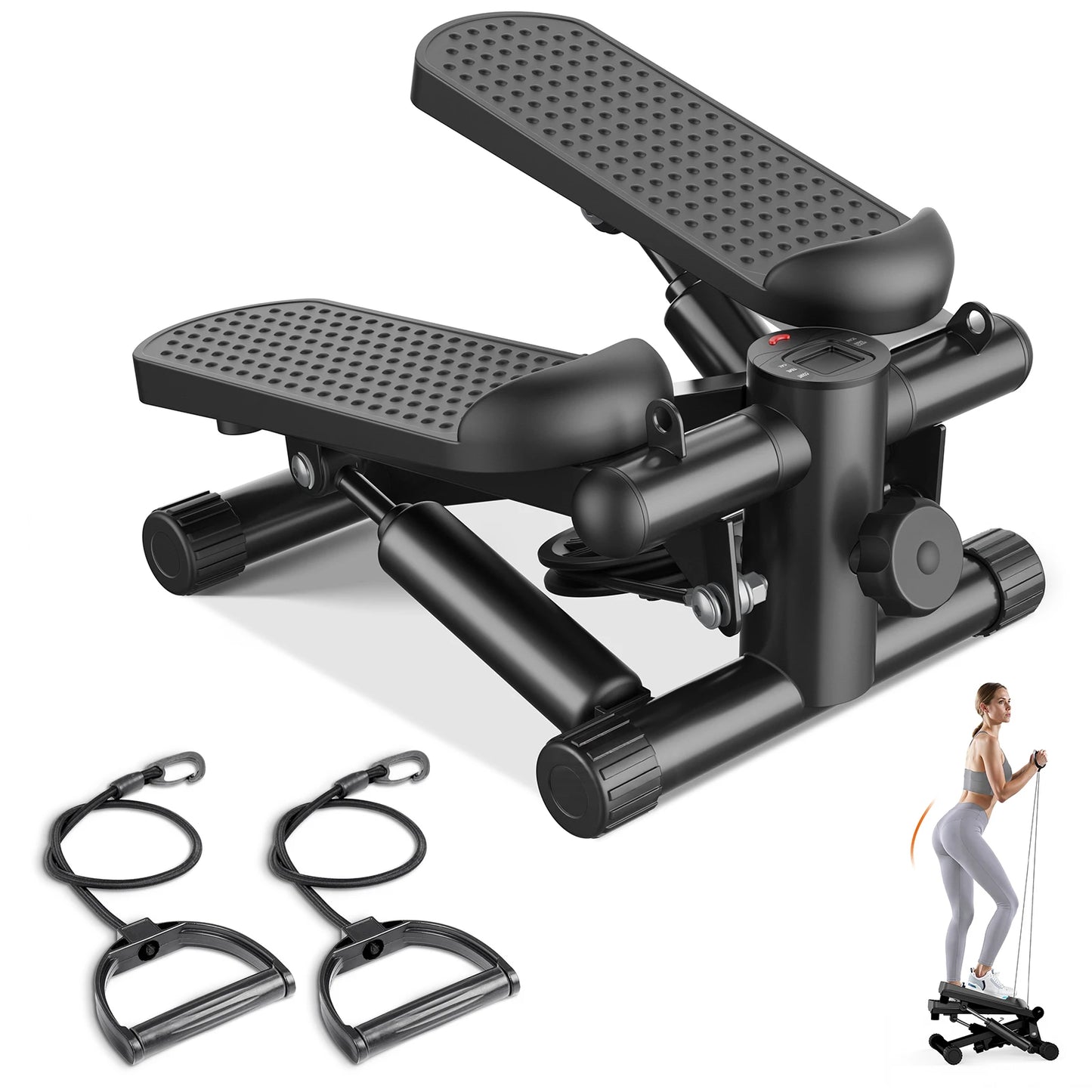JHK Mini Stepper with Resistance Bands 300 LBS Weight Capacity Hydraulic Home Stepper Machine Compact Cardio Equipment with LCD Monitor No Assembly Required