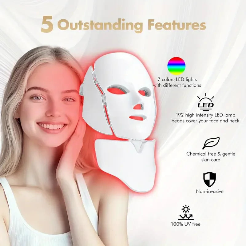 Home-Use LED Face Mask 7-Color Light Beauty Device, USB Rechargeable, Suitable for Facial Use - Facial Skincare Tool