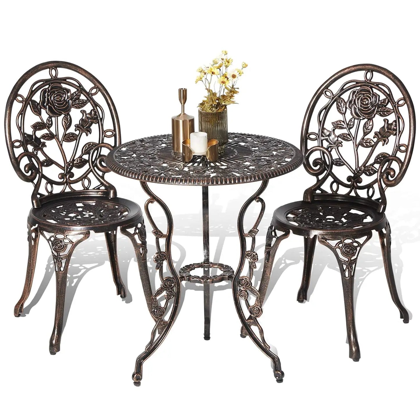 3pc Cast Aluminum Bistro Set, Rose Pattern Outdoor Garden Balcony, Rust & All-Weather Resistant, White, Customized
