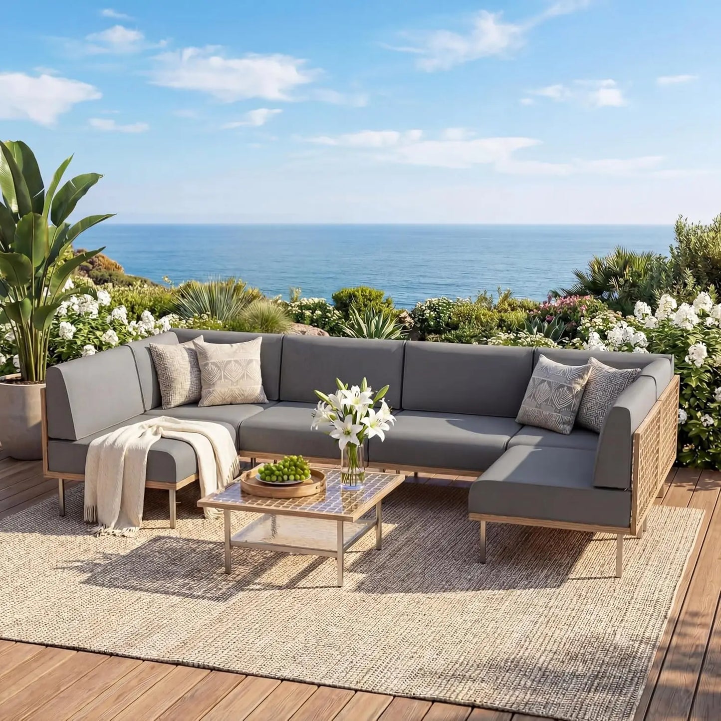 Outdoor 7 Piece Wicker Patio Conversation Set With PE Rattan