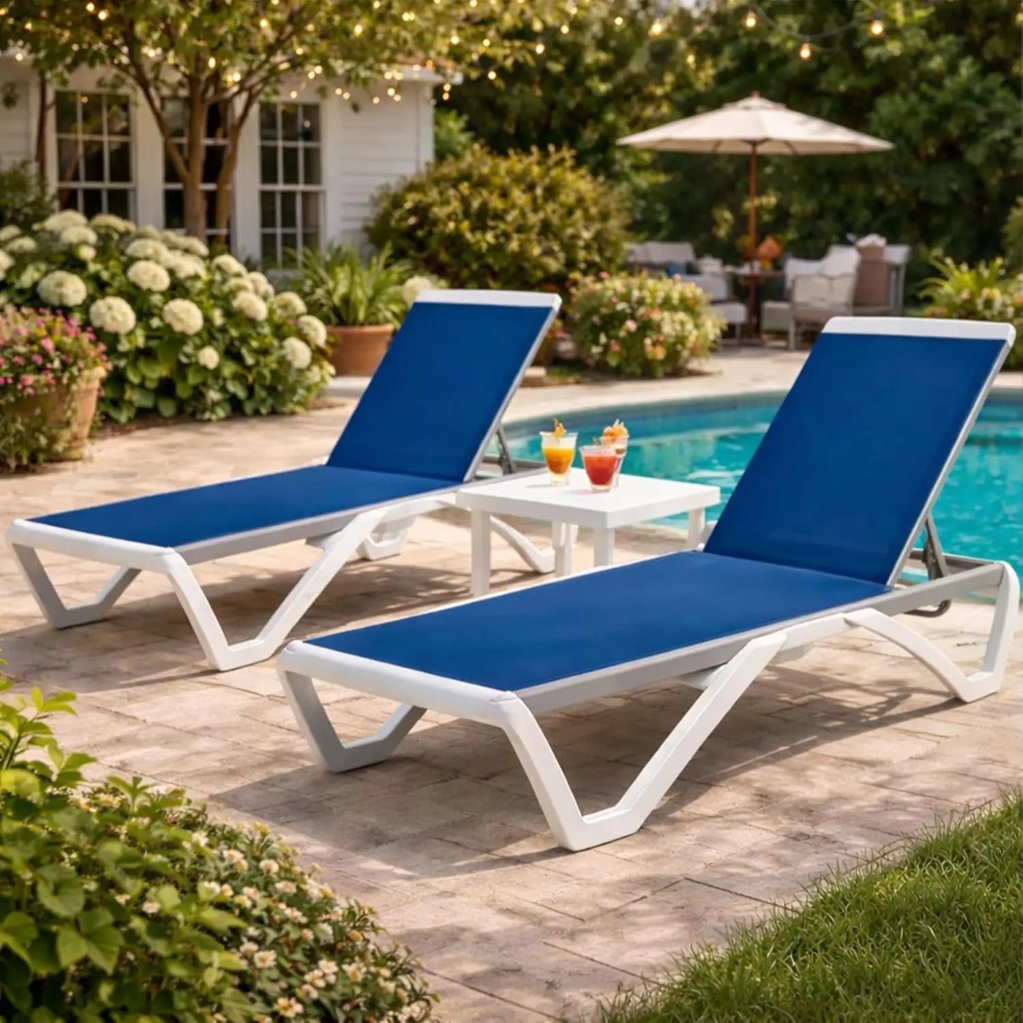Adjustable Aluminum Outdoor Chaise Lounge Chair Textilene Recliner for Poolside Backyard Beach 2 Chairs Table Set, Custom