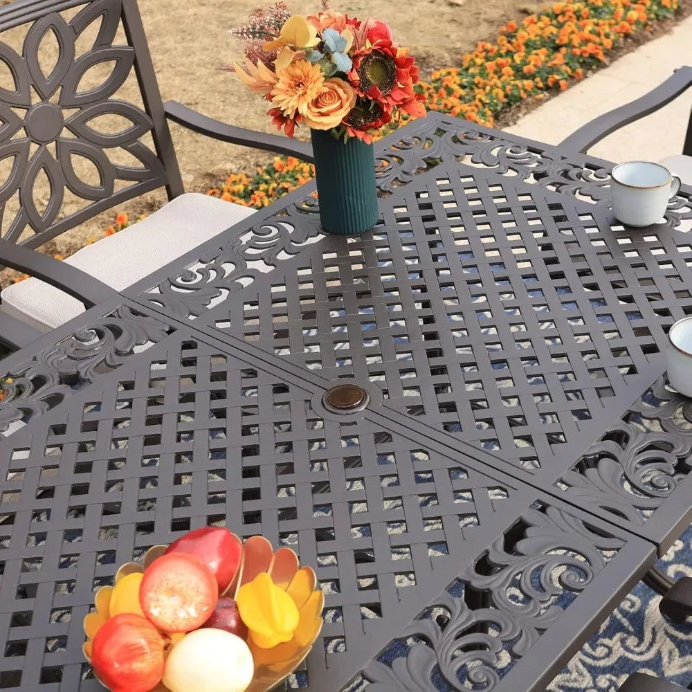 Rectangular Cast Aluminum Outdoor Dining Table For Six With Umbrella Hole