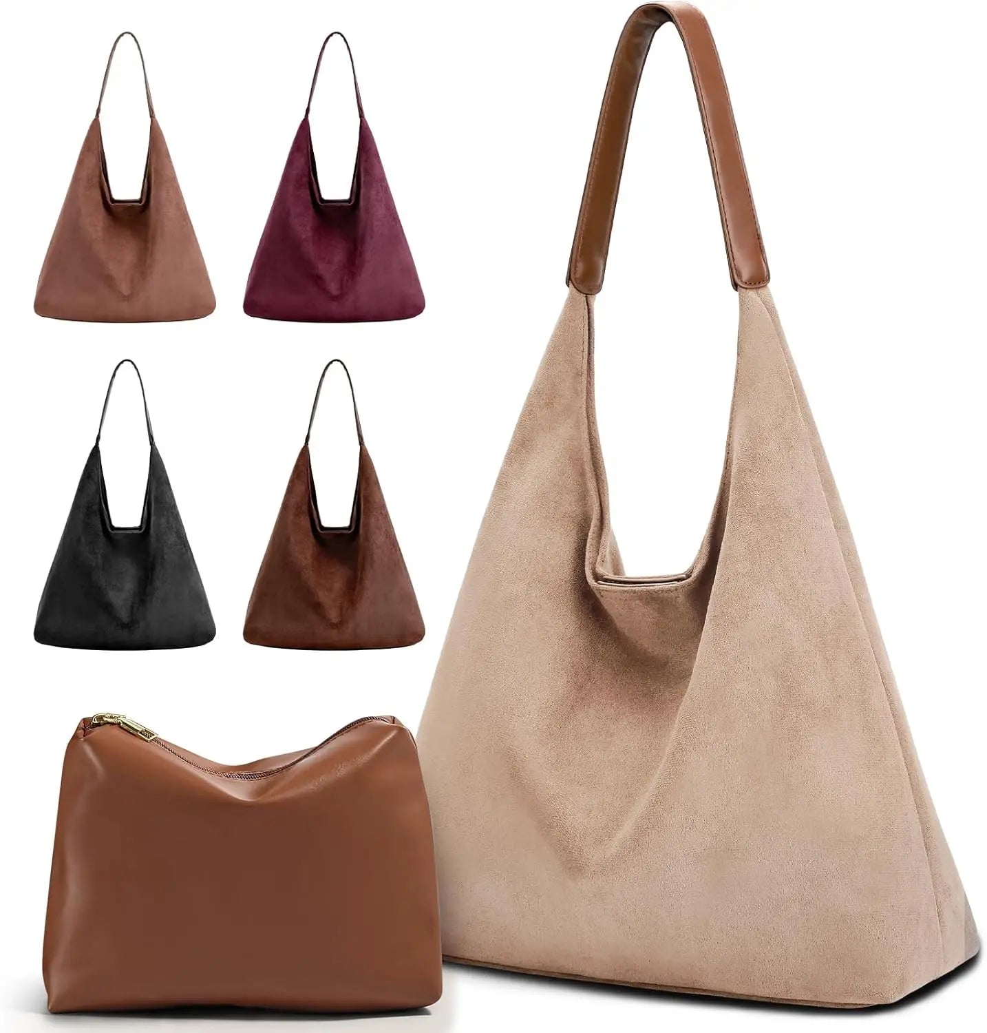 Faux Suede Tote Bag For Women With Zippered Cosmetic Organizer