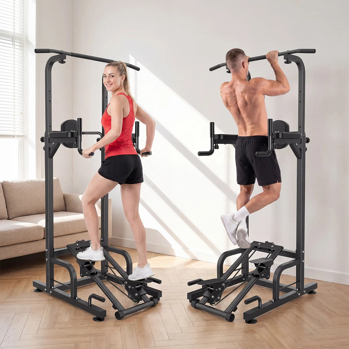 RELIFE Multifunctional Power Tower Pull Up Dip Station Free Standing Pull Up Bar with Stepper Machine, Adjustable Height Workout Rack 450LBS Load Home Gym Full Body Strength Training Fitness Equipment for Pull Ups Chin Ups Di