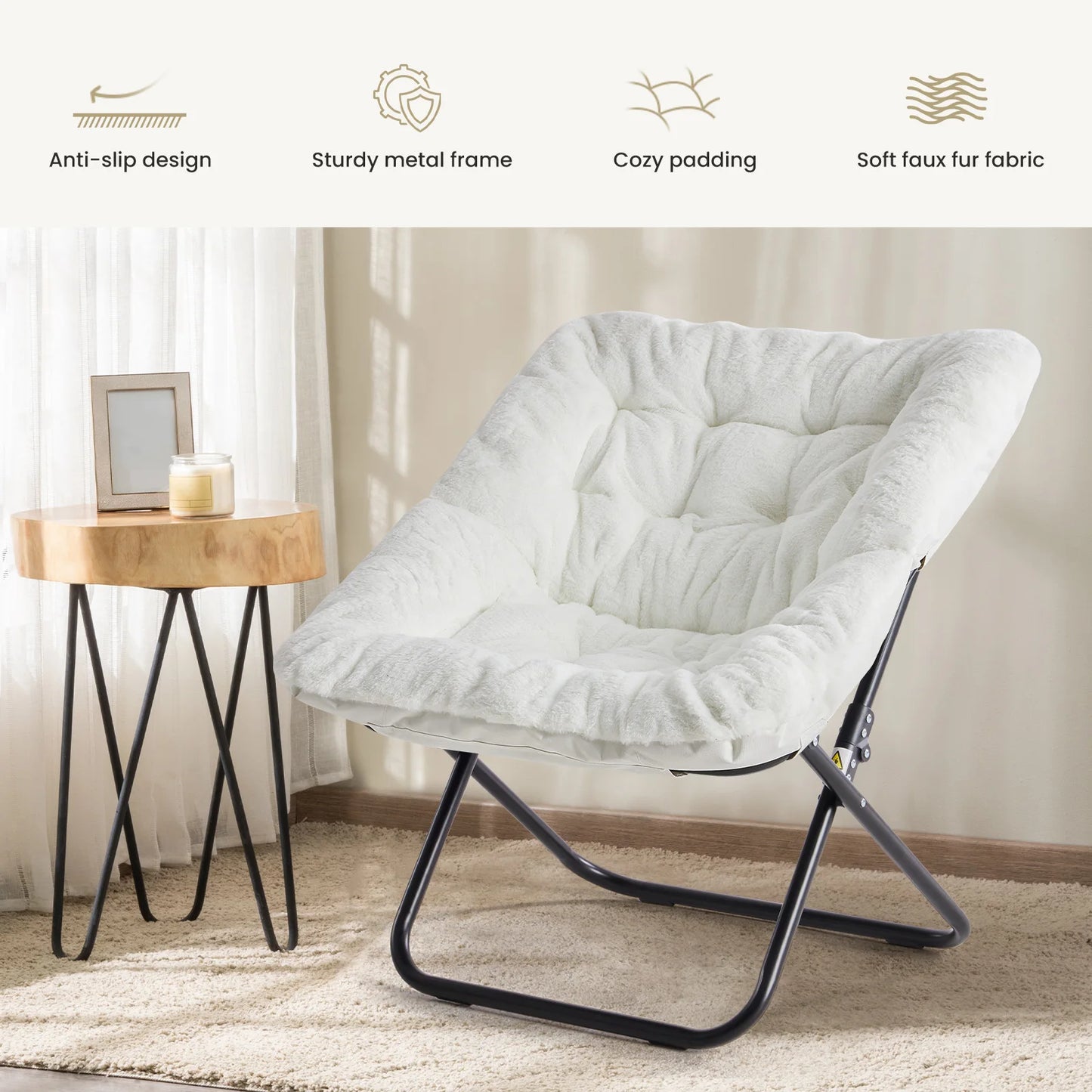 JHK Faux Fur Saucer Chair Folding Lounge With Metal Frame