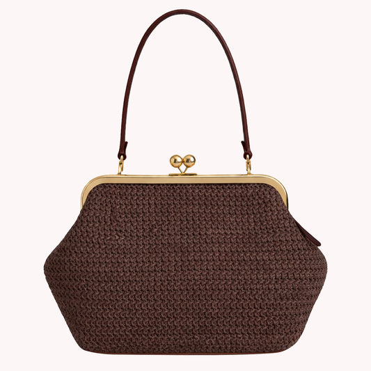 Women Straw Clutch Purse Striped Buckle Handle Beach Bag