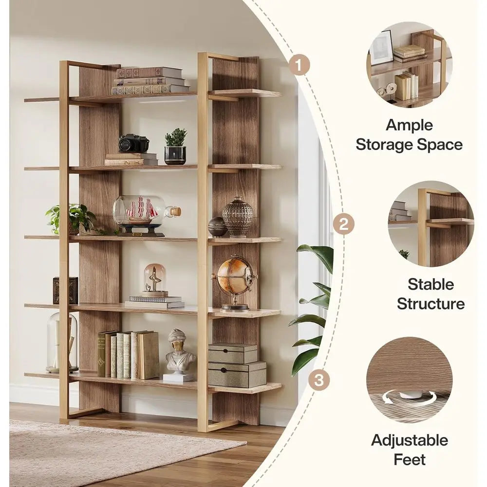 Five Tier Modern Boho Bookcase With Metal Frame Living Room