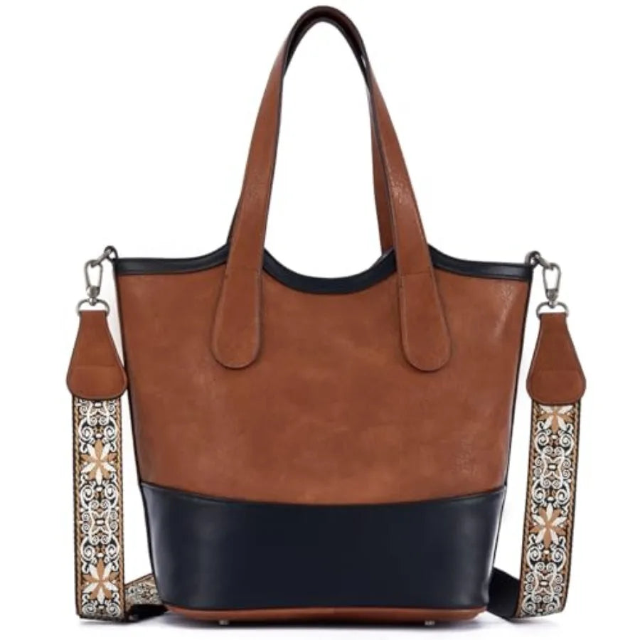 Tote Bag for Women, StrawandVegan Leather Bucket Bags Crossbody Top Handle Purses And Handbags For Work Travel Beach